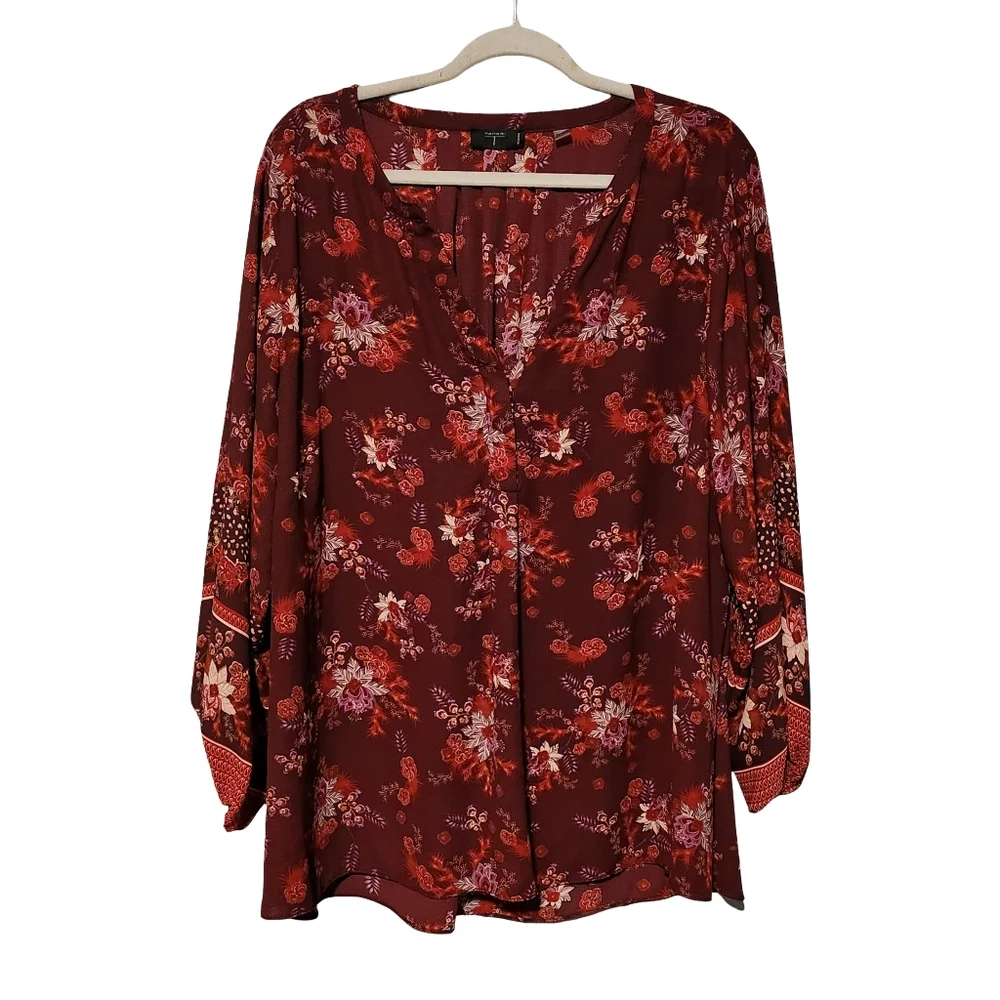 TAHARI Blouse Women's Plus Size 3X Burgundy Floral Boho Romantic Top - Picture 2 of 9